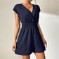 Solid Color Jacquard Striped Blouse Cross Collar Jumpsuit