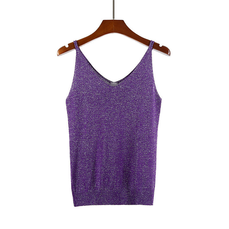 V-neck suspender knitted glitter vest