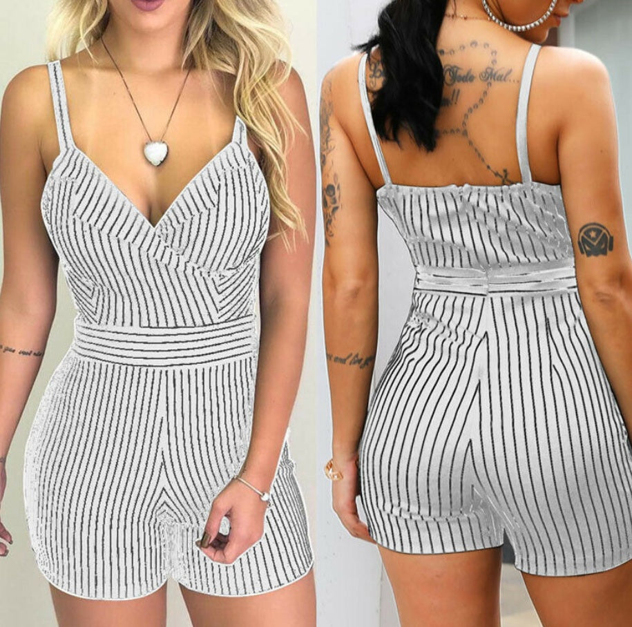 Short slim décontracté sans manches à rayures et col en V