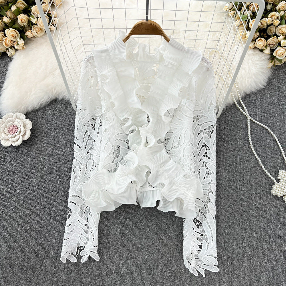 Retro Temperament V-neck Ruffled Lace Top