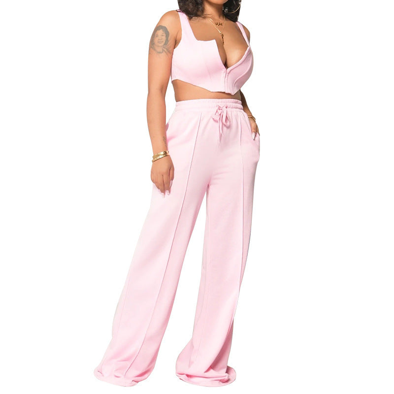 Ensemble deux pièces pour femmes européennes et américaines, haut sexy de couleur unie, pantalon ample à jambes larges