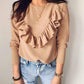 Ruffled round neck long sleeve top