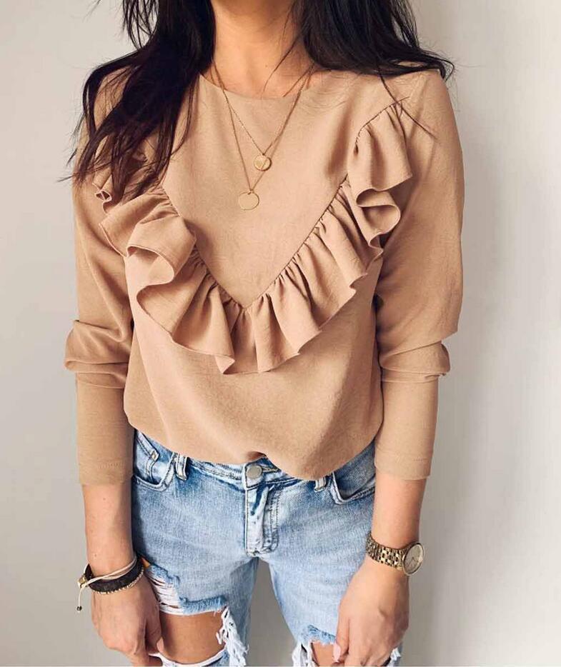 Ruffled round neck long sleeve top