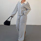 Striped Lapel Fashionable Knitted Loose Long Sleeve Top Casual Trousers Suit