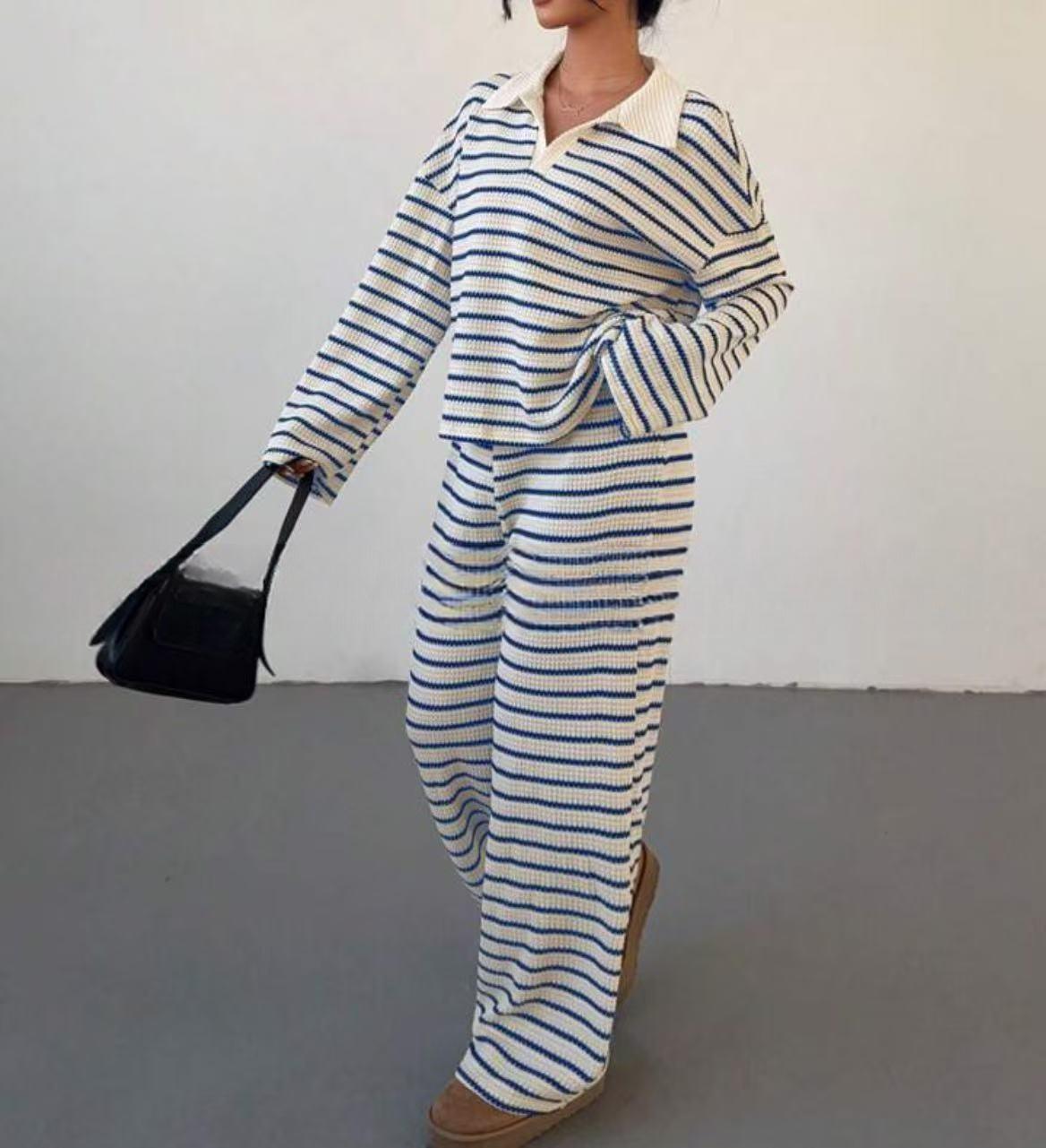 Striped Lapel Fashionable Knitted Loose Long Sleeve Top Casual Trousers Suit