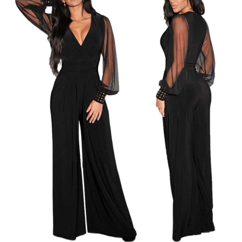 Mesh stitching rivet straight-leg jumpsuit