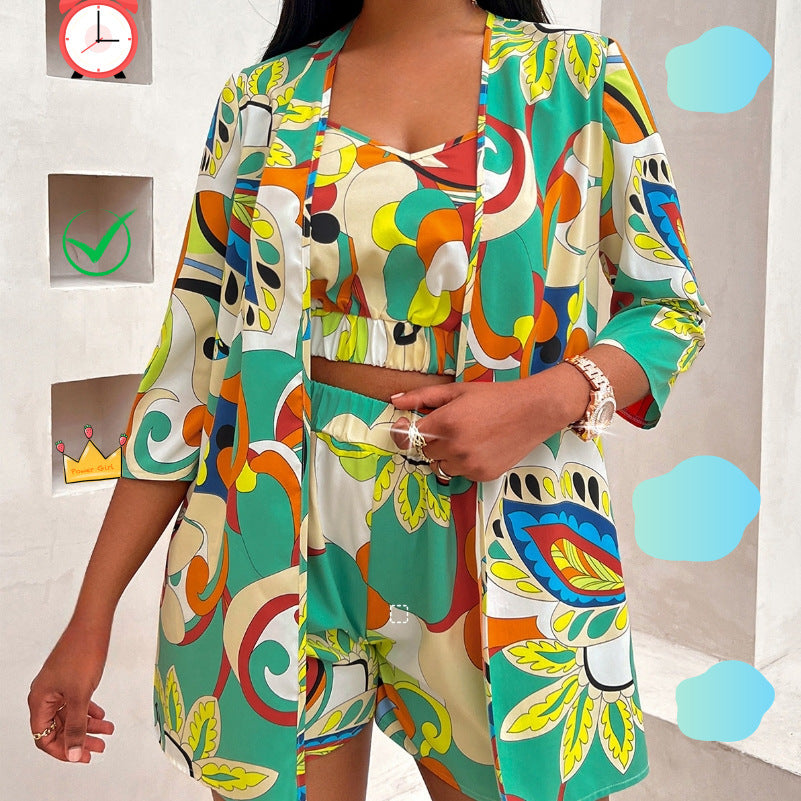 Ensemble trois pièces imprimé à la mode estivale, taille ajustée, assorti