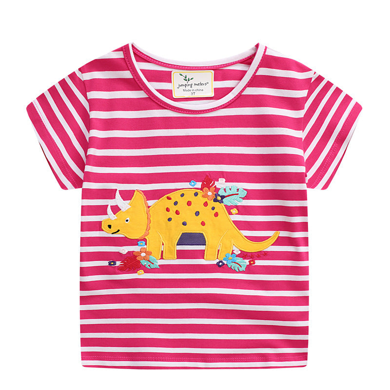 T-shirt d'été à manches courtes pour fille avec motif dinosaure brodé 
