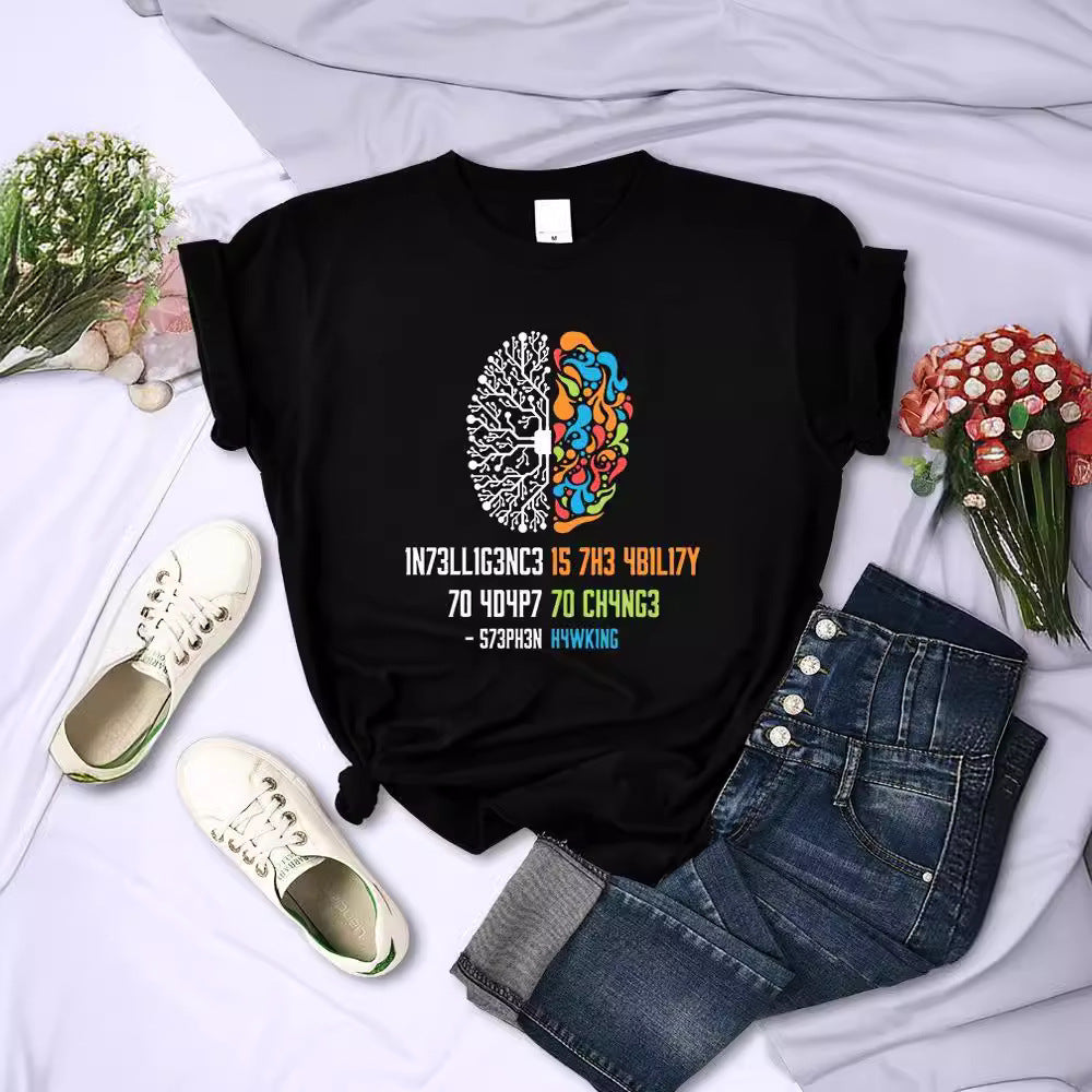 Round Neck Printed T-shirt Top Women's Breathable Short Sleeve