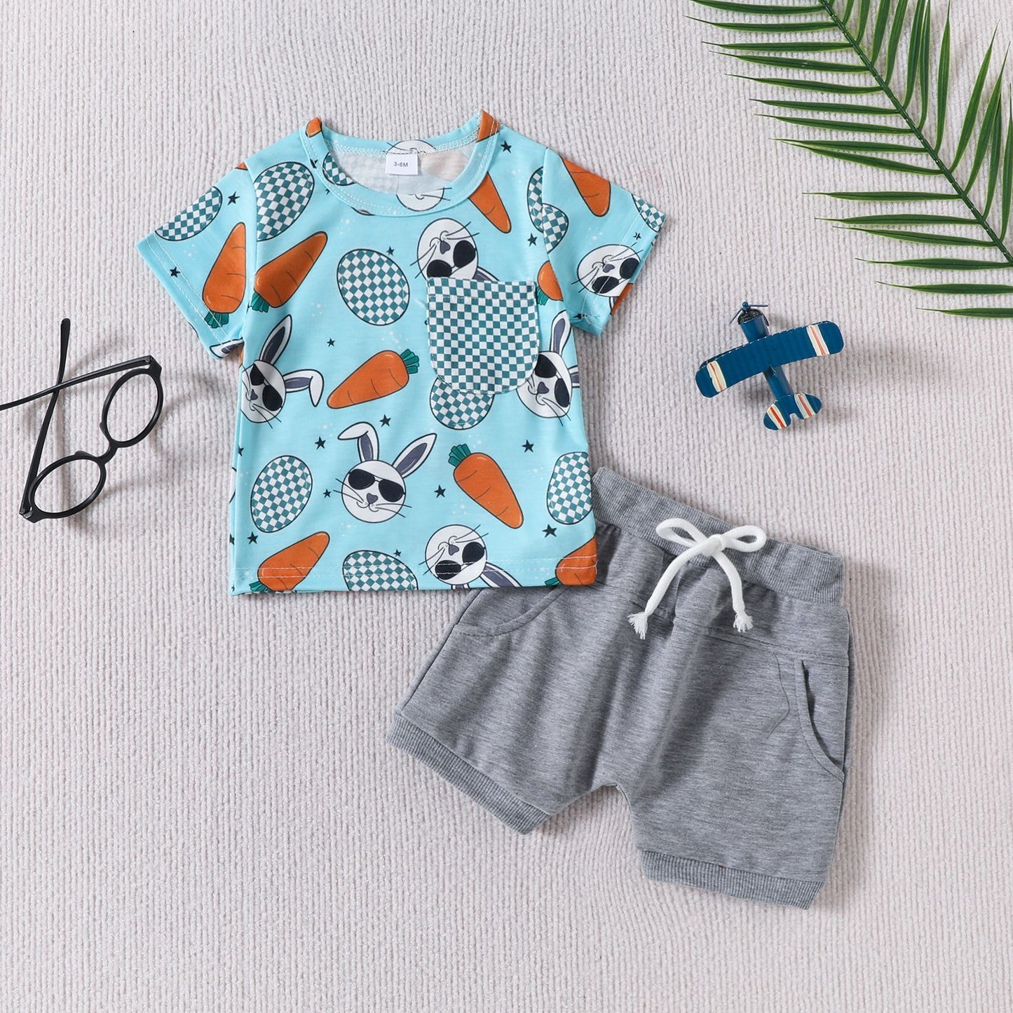 Rabbit Carrot Printed Plaid Pocket Short Sleeve