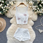Lip-kiss Rhinestone Square-neck Sleeveless Tank Top With High-waisted Leggings And Shorts