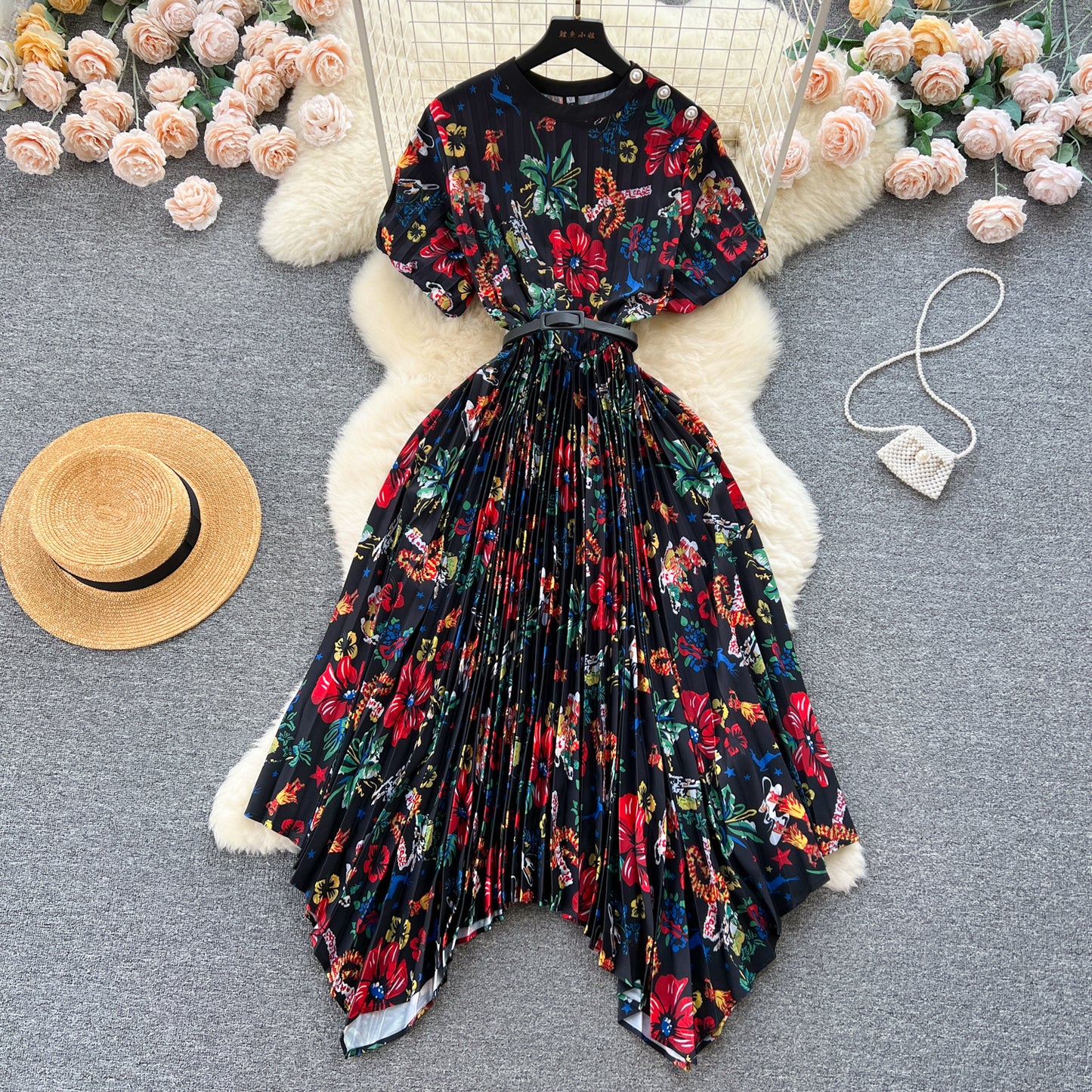 Waist Slimming A- Line Pleated Irregular Dress