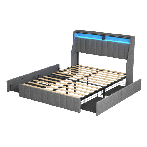 Full Size Bed Frame With LED, 4 Under-bed Portable Storage Drawers, Wings Headboard Design, Light Grey
