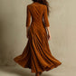 Solid Color Buttons Lapel 34 Sleeve Maxi Dress Waist Expansion Skirt