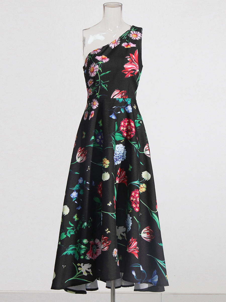 Lady Temperament Oblique Shoulder Sleeveless Waist Slimming Dress