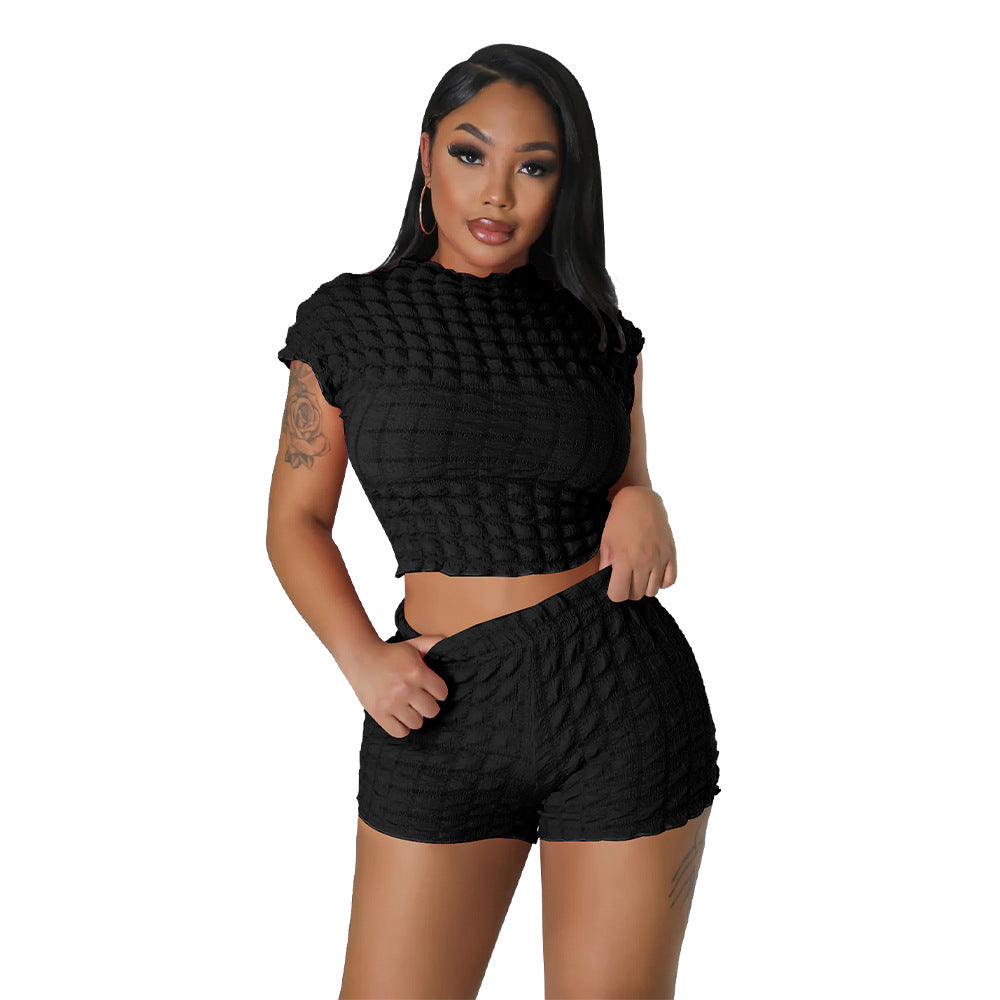 Women's Clothing Sleeveless Midriff-baring Shorts Popcorn Bubble Two-piece Set
