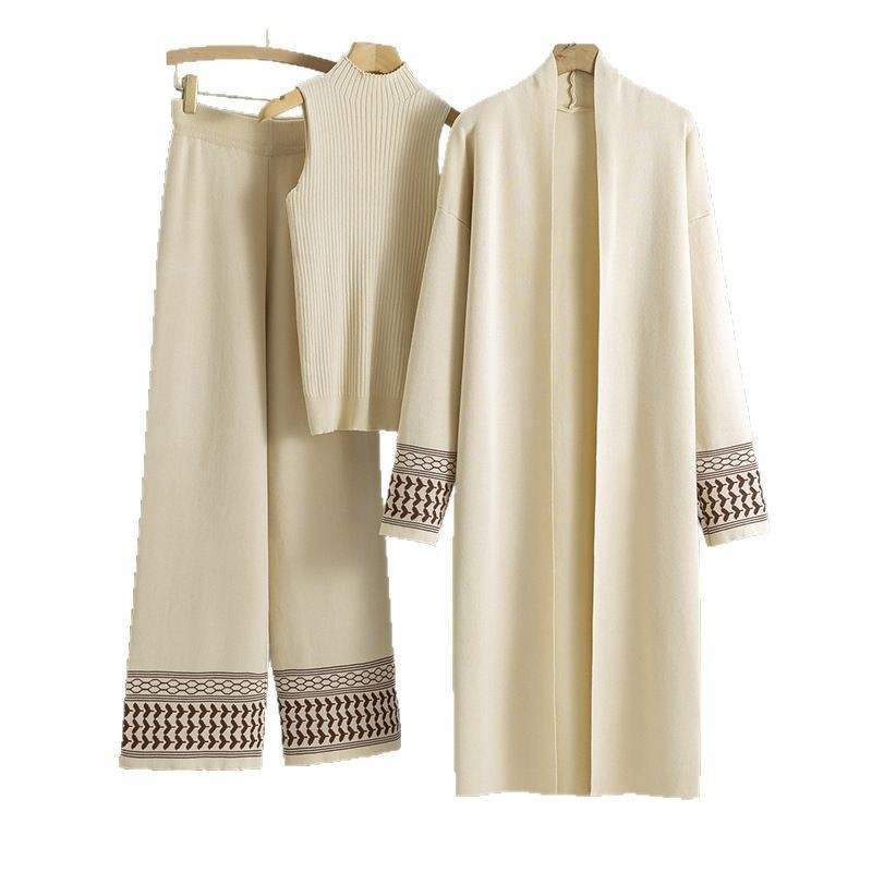 East Elegant Graceful Cardigan Robe Knitted Wide Leg Pants Three-piece Set