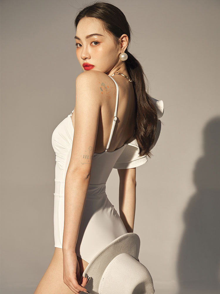 Solid Color Briefs Strap Design Low Neck Resort Swimsuit