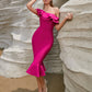 European And American Fashionable Off-shoulder Bandage Dress Ruffled Off-shoulder Evening Dress