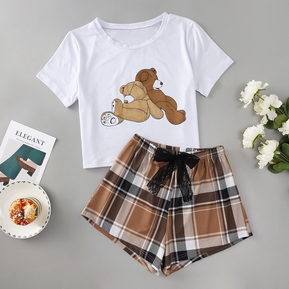 New Bear Printed Short-sleeved Top Lace Bow Printed Checks Shorts Home Wear Suit