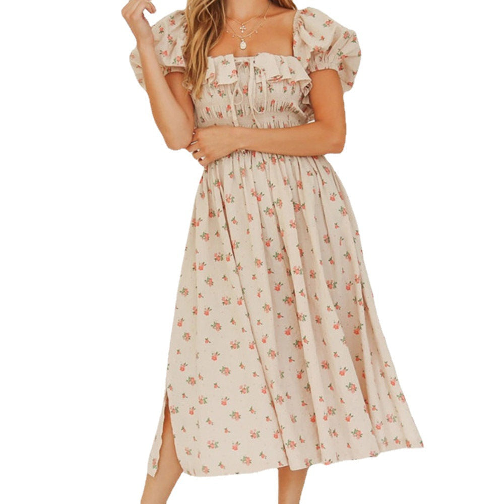 High Waist Slimming Printed Puff Sleeve Long Skirt Women