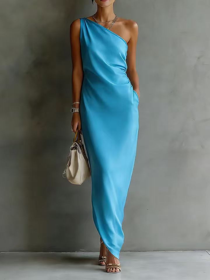 Elegant Satin Off-shoulder Draping Slim-fit Maxi Dress