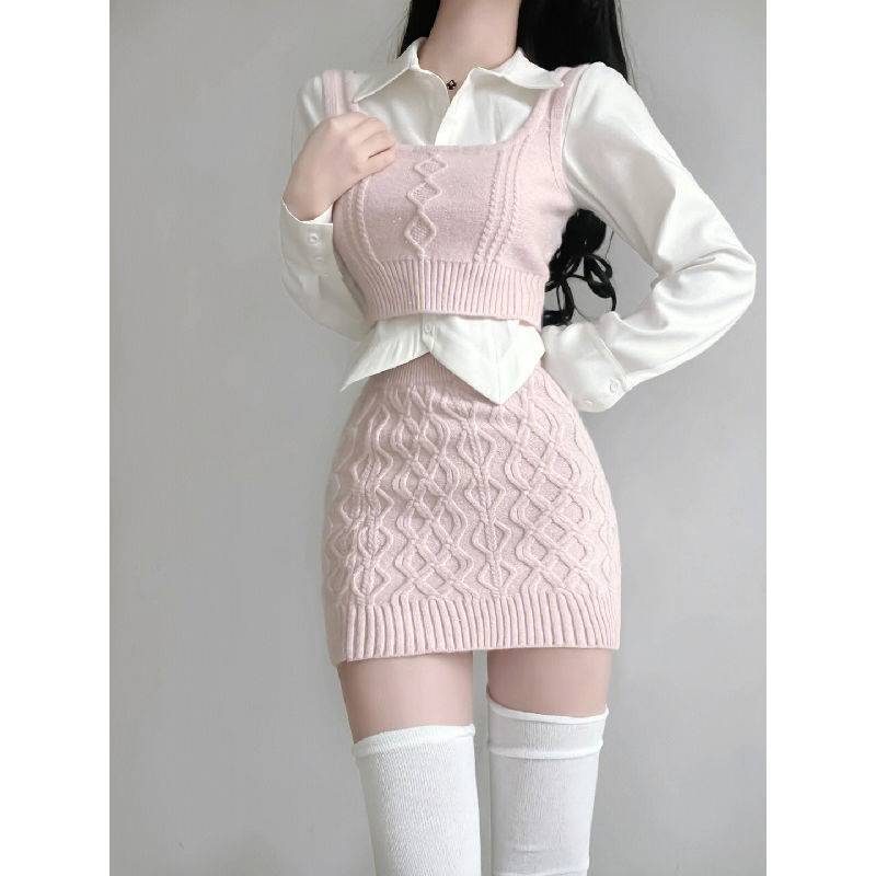 Niche Bandage Dress Sweater Vest Girl Hip Skirt Autumn Suit Women