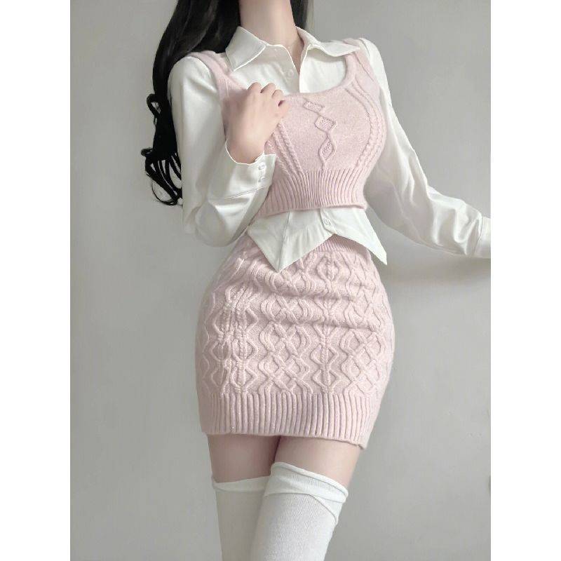 Niche Bandage Dress Sweater Vest Girl Hip Skirt Autumn Suit Women
