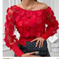 Black Mesh Three-dimensional Flower Off-shoulder Puff Sleeve Top