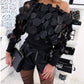 Black Mesh Three-dimensional Flower Off-shoulder Puff Sleeve Top