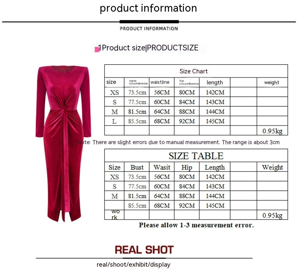 Robe plissée en velours Zou à col rond pour femme, robe moulante fendue