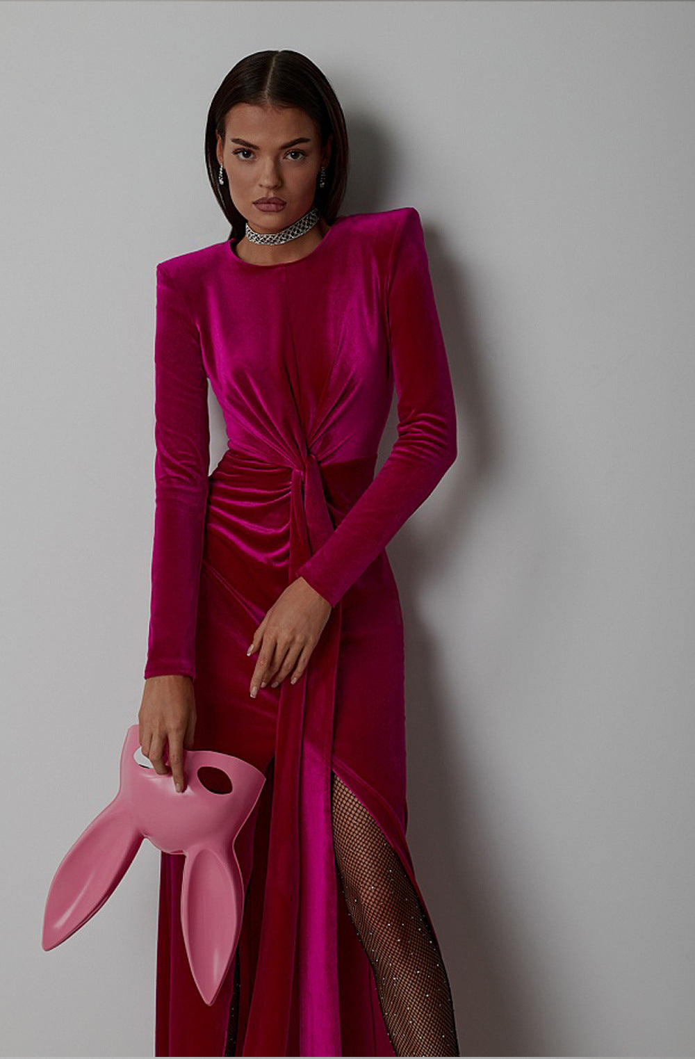 Robe plissée en velours Zou à col rond pour femme, robe moulante fendue