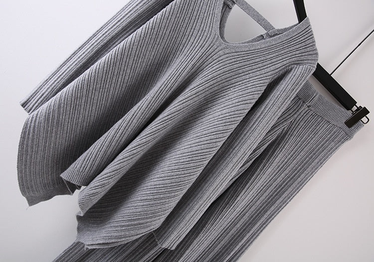 Ensemble pull-over élégant et tendance pour l'automne, haut en tricot plissé irrégulier à col en V, pantalon large