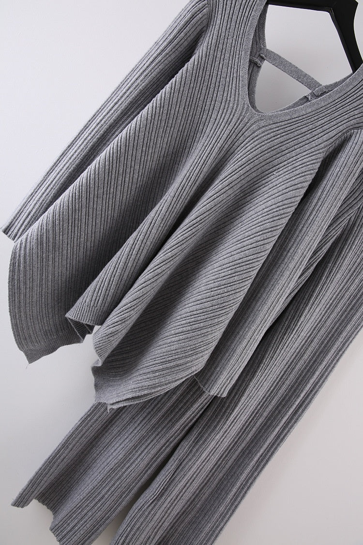 Ensemble pull-over élégant et tendance pour l'automne, haut en tricot plissé irrégulier à col en V, pantalon large