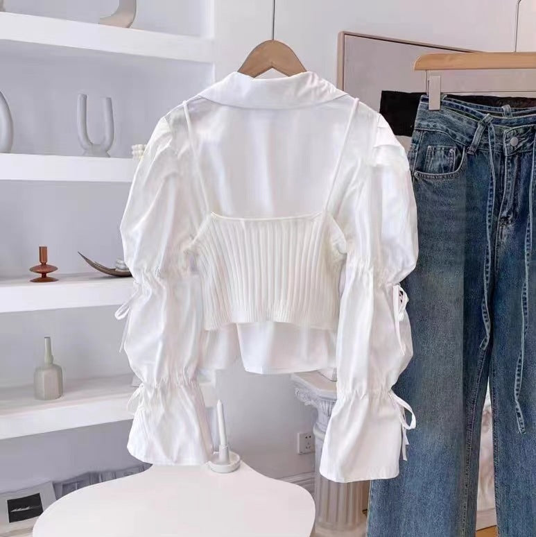 Suspender Shirt Two-piece French Bell Sleeve Short Top For Women