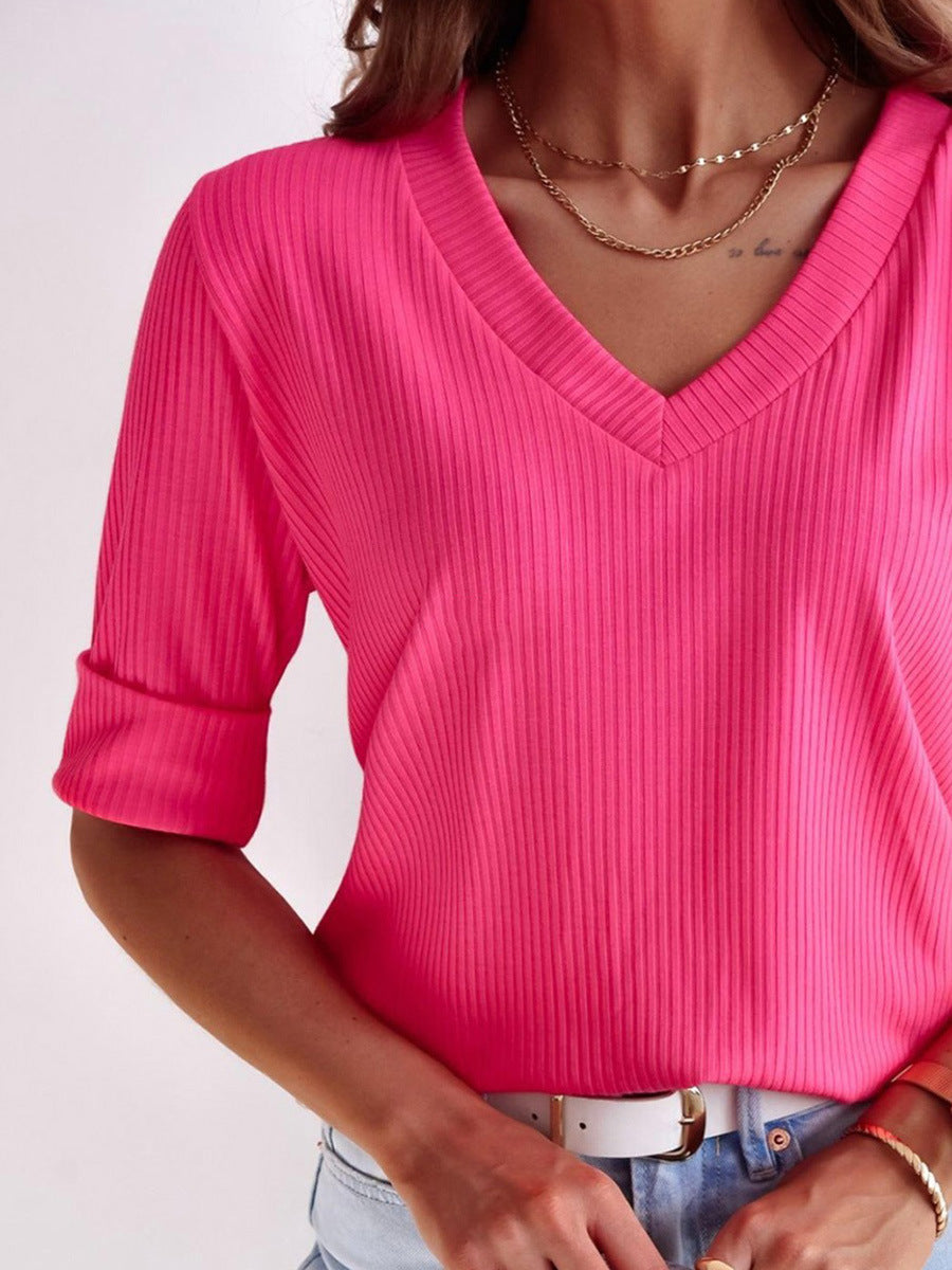Female V-neck Thread Half-sleeve Sweater