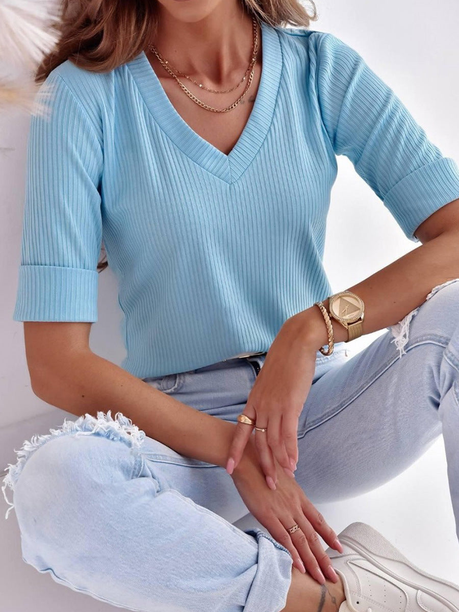 Female V-neck Thread Half-sleeve Sweater
