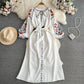 Retro Lantern Long Sleeve Embroidered Round Neck Dress