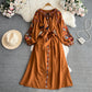 Retro Lantern Long Sleeve Embroidered Round Neck Dress