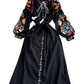 Retro Lantern Long Sleeve Embroidered Round Neck Dress
