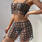 Fishnet Rhinestone Halterneck With Suspenders Hollow Vest Skirt