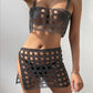 Fishnet Rhinestone Halterneck With Suspenders Hollow Vest Skirt