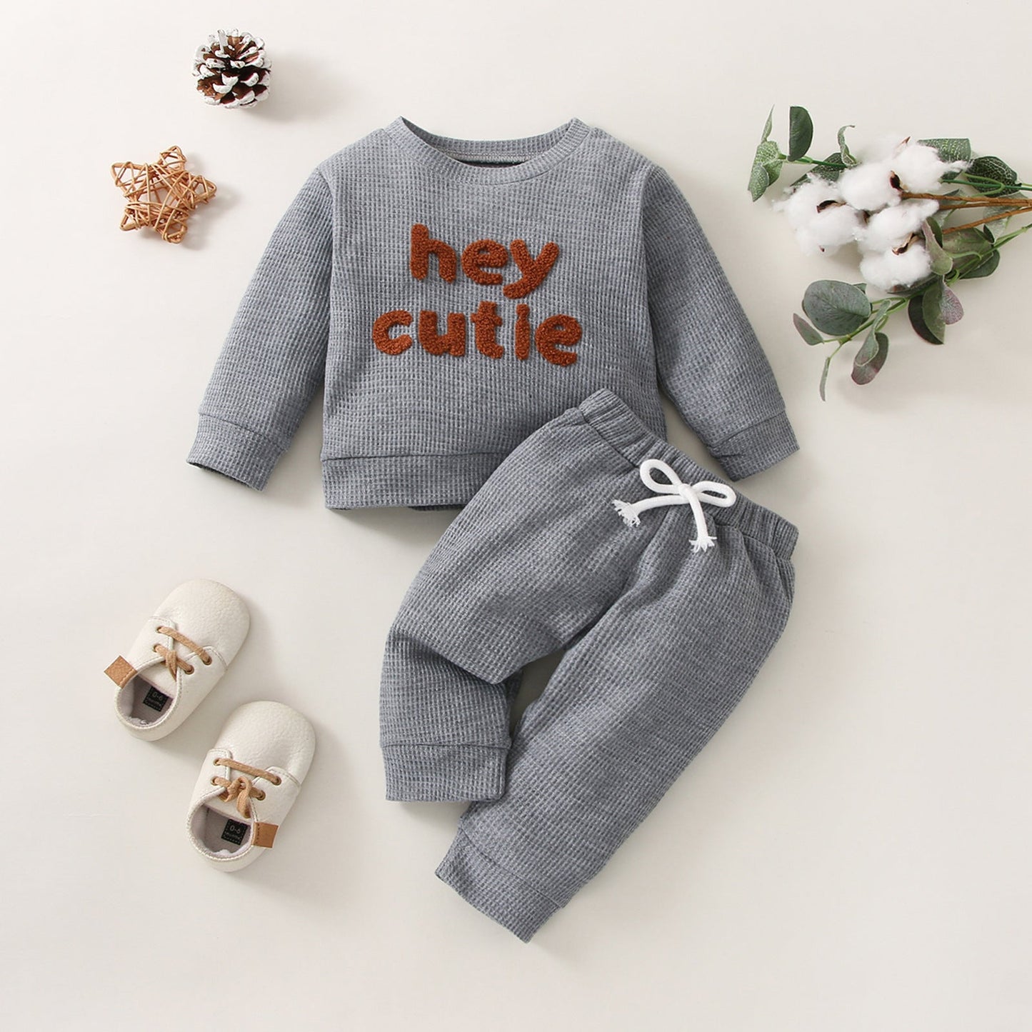 Waffle Solid Color Letter Long Sleeve Top Trousers Suit