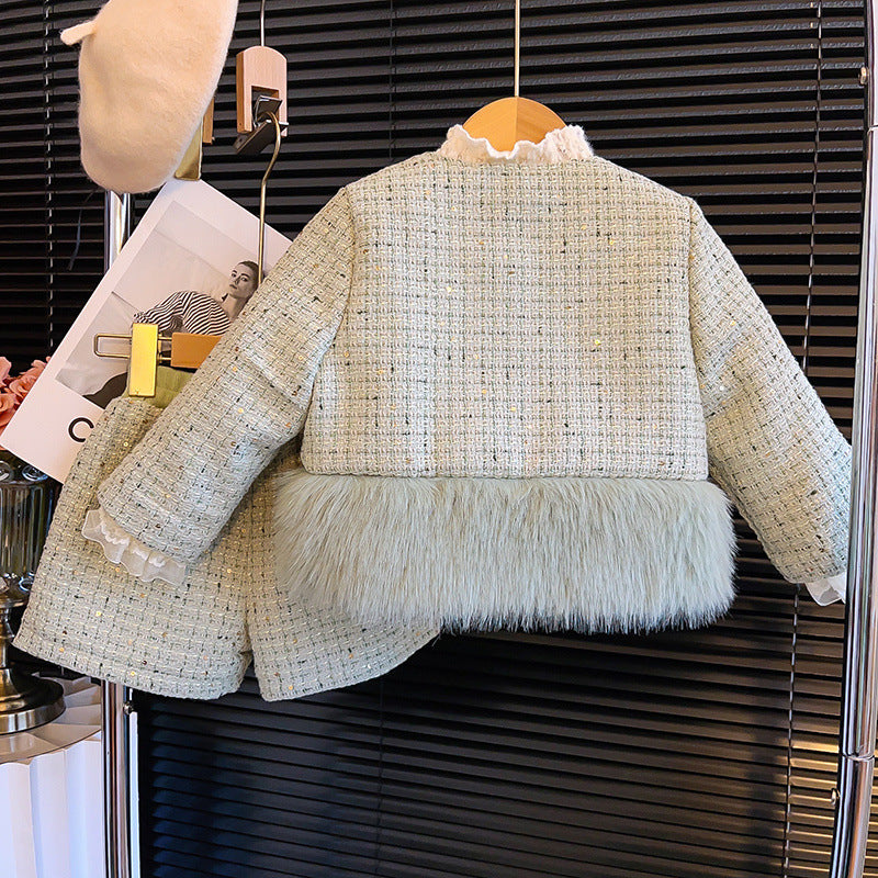 Winter New Girls' Fleece-lined Splicing Coat Shorts Two-piece Set