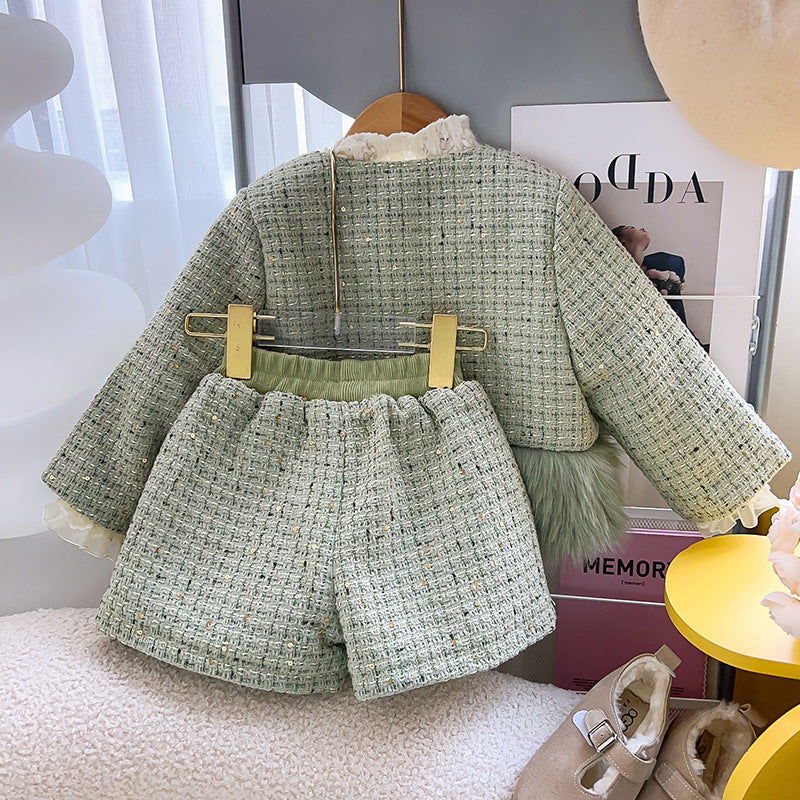 Winter New Girls' Fleece-lined Splicing Coat Shorts Two-piece Set