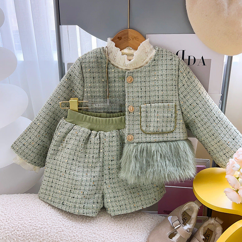 Winter New Girls' Fleece-lined Splicing Coat Shorts Two-piece Set