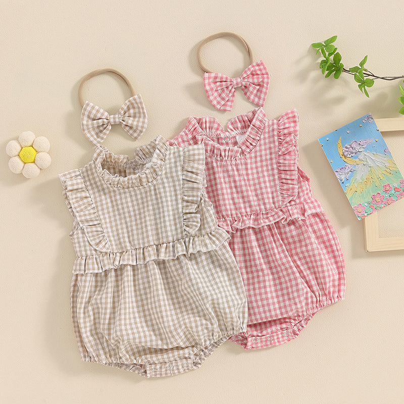 Lace Jumpsuit Girls' Sleeveless Baby Bodysuit Romper Headscarf