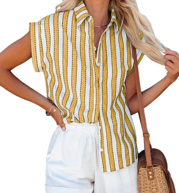 Short Sleeve Striped Women's Loose Single Breasted Shirt