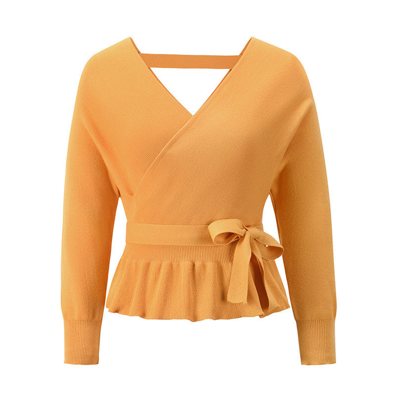 Ladies Autumn Winter Short Pullover V-Neck Knitted Top