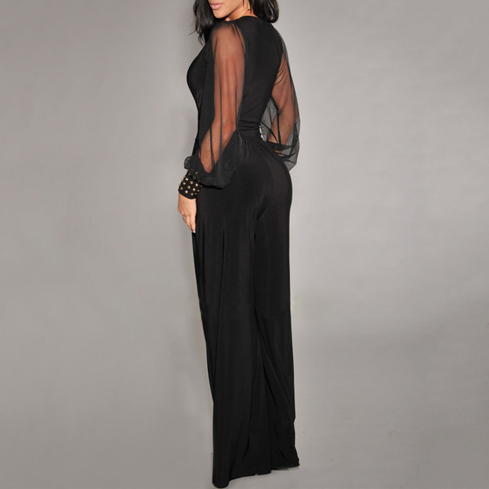 Mesh stitching rivet straight-leg jumpsuit